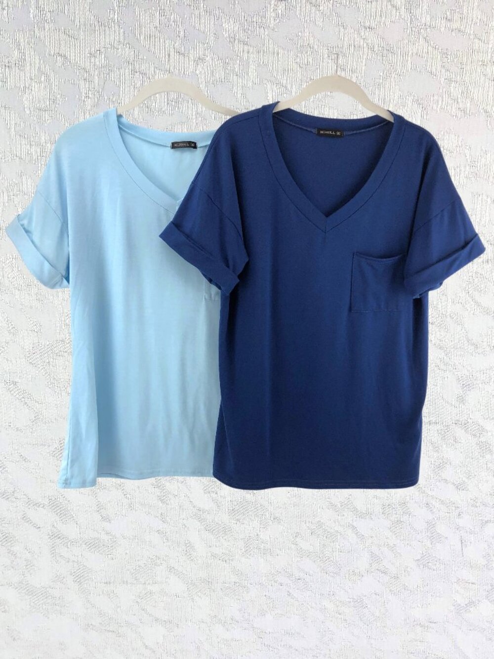Miholl Blue V-Neck Pocket Tee Bundle (2 Tops) Relaxed Fit Rolled Sleeves Size M